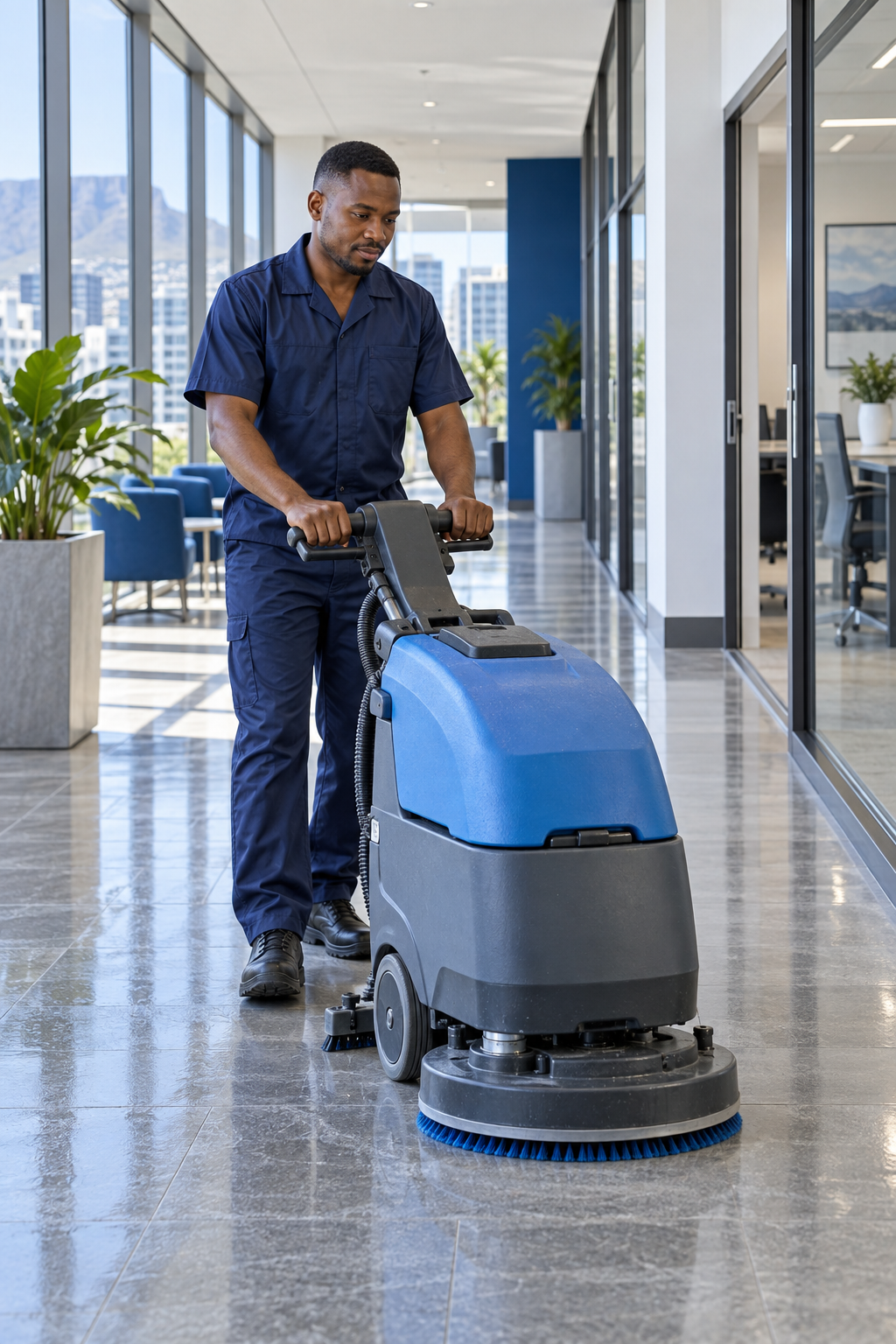 Cleaning technician operating a commercial floor scrubber