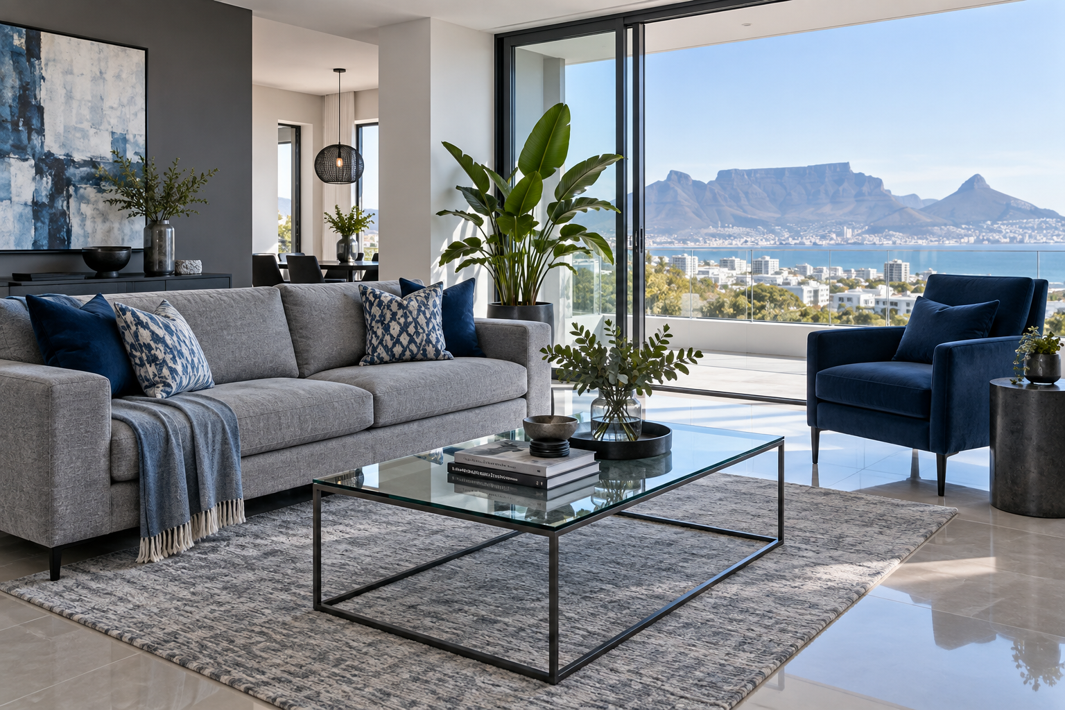 Immaculate contemporary living room with grey and navy furnishings