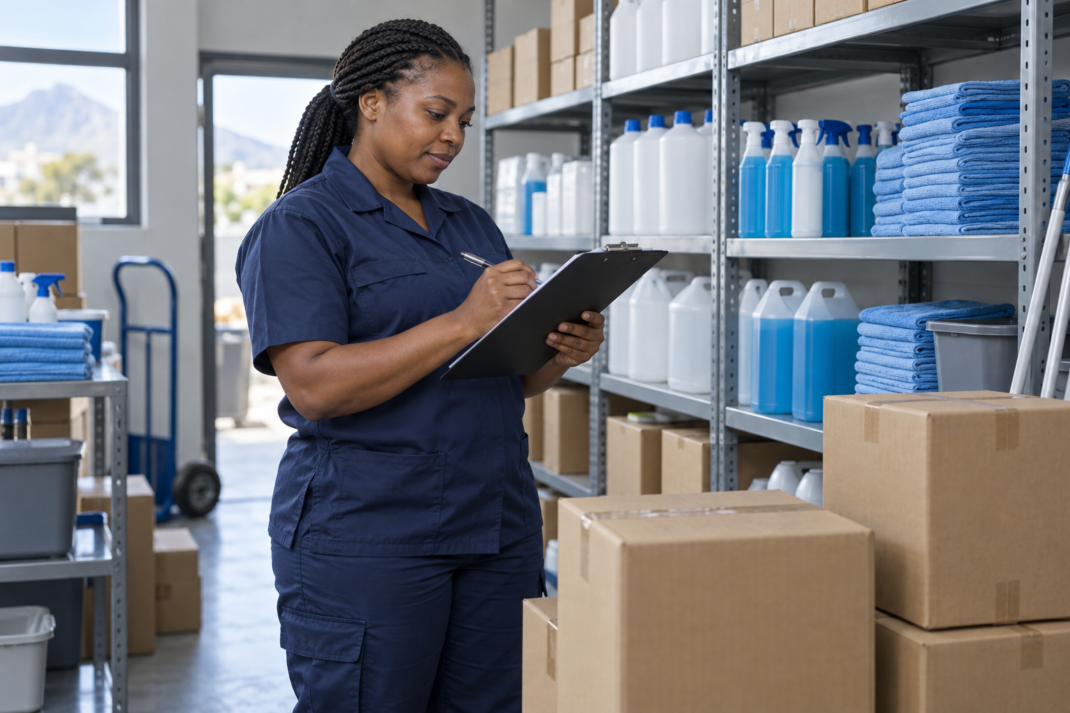 Cleaning supplies and delivery packages being prepared in a storeroom